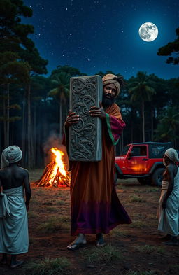 A 38-year-old black man with a distinctive beard, dressed in a vibrant Rastafarian colored robe and a woollen Rastafarian cap, is in a serene forest clearing