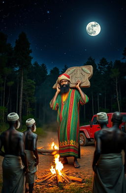 A 38-year-old black man with a distinctive beard, dressed in a vibrant Rastafarian colored robe and a woollen Rastafarian cap, is in a serene forest clearing