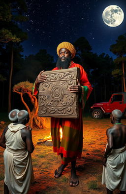 A 38-year-old black man with a distinctive beard, dressed in a vibrant Rastafarian colored robe and a woollen Rastafarian cap, is in a serene forest clearing