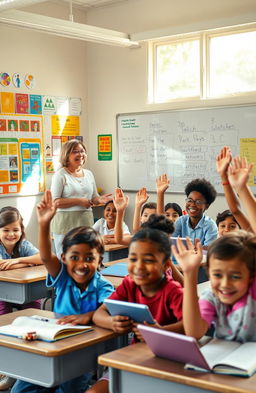 A vibrant and engaging school scene, showcasing a diverse group of students sitting at their desks, actively participating in class