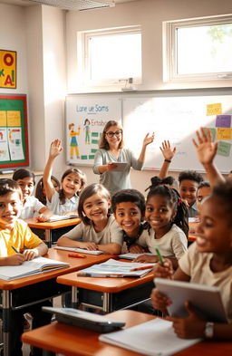 A vibrant and engaging school scene, showcasing a diverse group of students sitting at their desks, actively participating in class