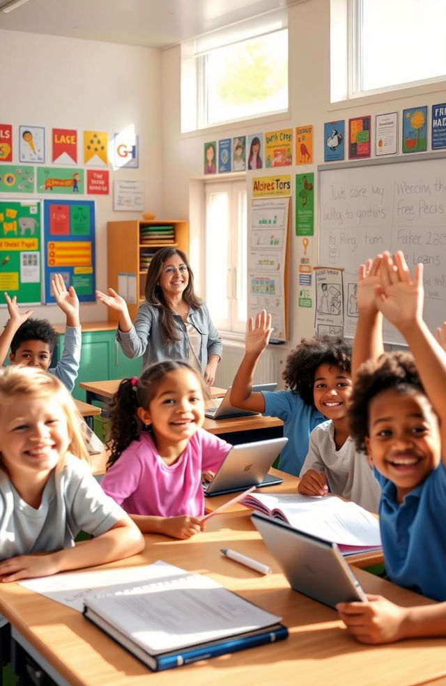 A vibrant and engaging school scene, showcasing a diverse group of students sitting at their desks, actively participating in class