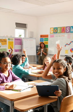 A vibrant and engaging school scene, showcasing a diverse group of students sitting at their desks, actively participating in class