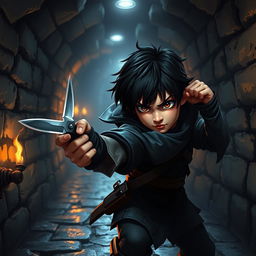 A dynamic scene featuring a halfling character with black hair and brown eyes, dressed in sleek black thief attire, skillfully throwing a knife in a dark Dungeons & Dragons-inspired sewer