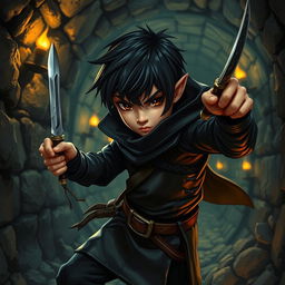 A dynamic scene featuring a halfling character with black hair and brown eyes, dressed in sleek black thief attire, skillfully throwing a knife in a dark Dungeons & Dragons-inspired sewer
