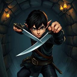 A dynamic scene featuring a halfling character with black hair and brown eyes, dressed in sleek black thief attire, skillfully throwing a knife in a dark Dungeons & Dragons-inspired sewer
