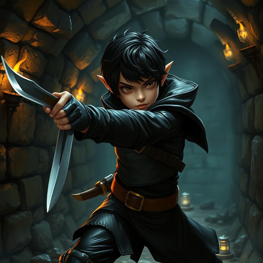 A dynamic scene featuring a halfling character with black hair and brown eyes, dressed in sleek black thief attire, skillfully throwing a knife in a dark Dungeons & Dragons-inspired sewer