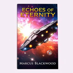 Book cover design for 'Echoes of Eternity' by Marcus Blackwood, featuring a massive, majestic starship soaring through a vibrant cosmic background, filled with colorful nebulae, brilliant stars, and distant galaxies