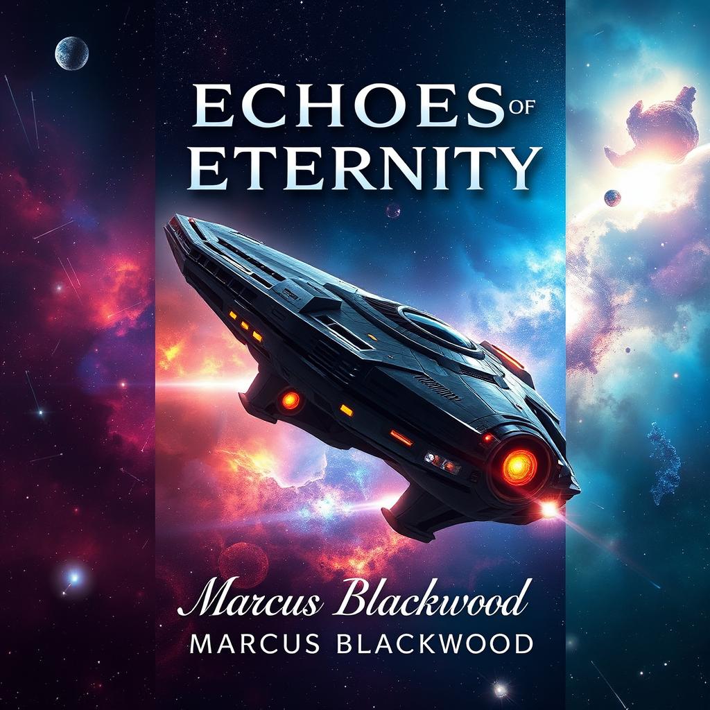 Book cover design for 'Echoes of Eternity' by Marcus Blackwood, featuring a massive, majestic starship soaring through a vibrant cosmic background, filled with colorful nebulae, brilliant stars, and distant galaxies