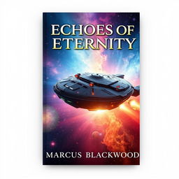 Book cover design for 'Echoes of Eternity' by Marcus Blackwood, featuring a massive, majestic starship soaring through a vibrant cosmic background, filled with colorful nebulae, brilliant stars, and distant galaxies