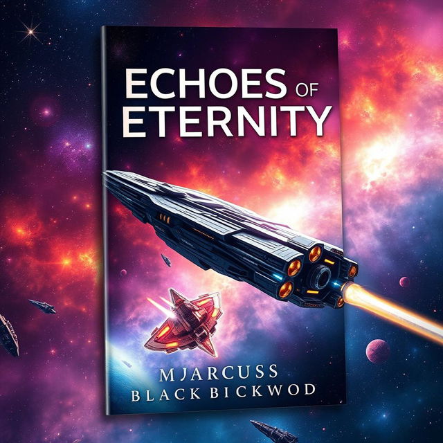 Book cover design for 'Echoes of Eternity' by Marcus Blackwood, featuring a massive, majestic starship soaring through a vibrant cosmic background, filled with colorful nebulae, brilliant stars, and distant galaxies