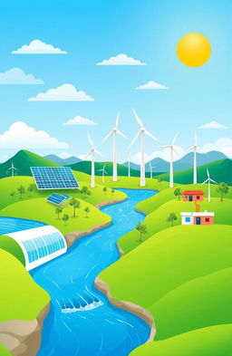 A visually appealing and informative illustration featuring various renewable energy sources such as solar panels, wind turbines, and hydroelectric power plants