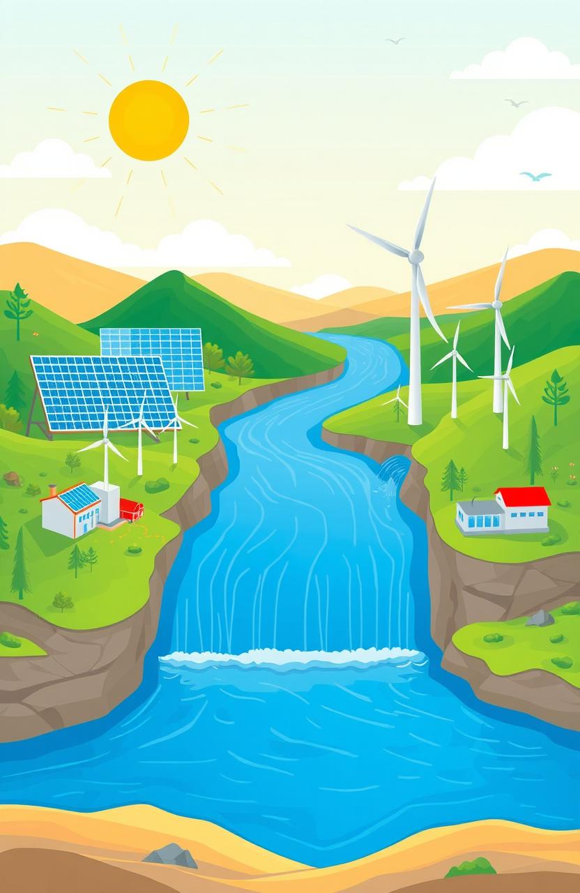 A visually appealing and informative illustration featuring various renewable energy sources such as solar panels, wind turbines, and hydroelectric power plants