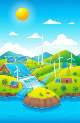 A visually appealing and informative illustration featuring various renewable energy sources such as solar panels, wind turbines, and hydroelectric power plants