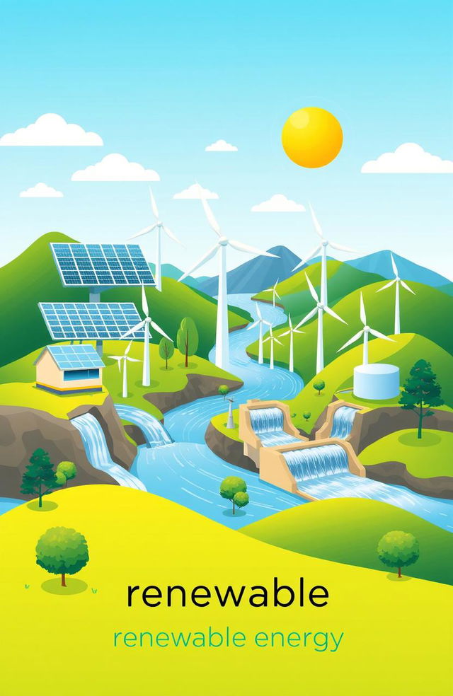 A visually appealing and informative illustration featuring various renewable energy sources such as solar panels, wind turbines, and hydroelectric power plants