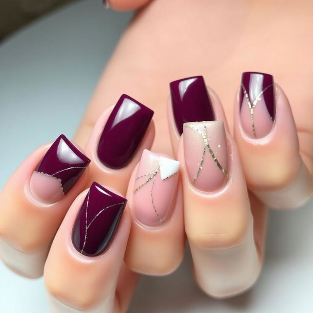 Square-shaped nails featuring a rich plum color on the main surface, complemented by white accents and light brown details, all enhanced with delicate silver lines that create an elegant and sophisticated design