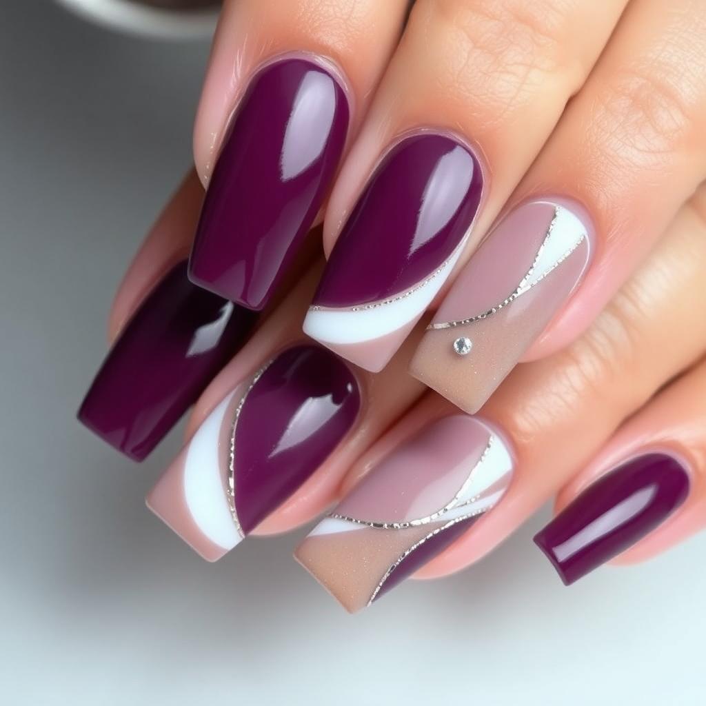 Square-shaped nails featuring a rich plum color on the main surface, complemented by white accents and light brown details, all enhanced with delicate silver lines that create an elegant and sophisticated design