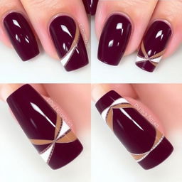 Square-shaped nails featuring a rich plum color on the main surface, complemented by white accents and light brown details, all enhanced with delicate silver lines that create an elegant and sophisticated design