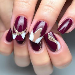 Square-shaped nails featuring a rich plum color on the main surface, complemented by white accents and light brown details, all enhanced with delicate silver lines that create an elegant and sophisticated design