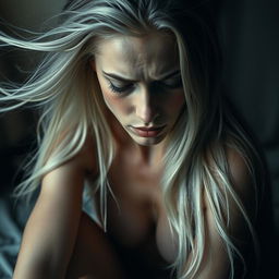 A strikingly beautiful white woman with long flowing hair, her body depicted in an expressive and artistic manner, capturing the raw emotion of pain and vulnerability
