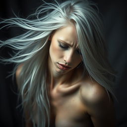 A strikingly beautiful white woman with long flowing hair, her body depicted in an expressive and artistic manner, capturing the raw emotion of pain and vulnerability