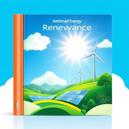 A visually striking book cover design focused on renewable energy resources, showcasing elements like solar panels, wind turbines, and vibrant green landscapes