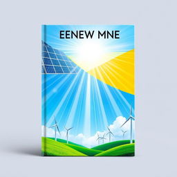 A visually striking book cover design focused on renewable energy resources, showcasing elements like solar panels, wind turbines, and vibrant green landscapes