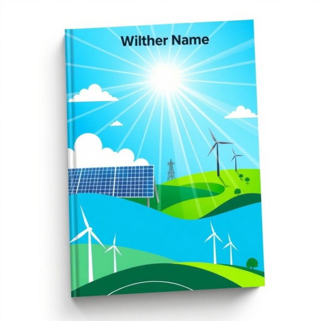 A visually striking book cover design focused on renewable energy resources, showcasing elements like solar panels, wind turbines, and vibrant green landscapes