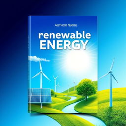 A visually striking book cover design focused on renewable energy resources, showcasing elements like solar panels, wind turbines, and vibrant green landscapes