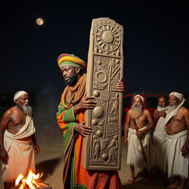 A 38-year-old black man is dressed in a vibrant rastafarian colored robe and a traditional rastafarian woollen cap