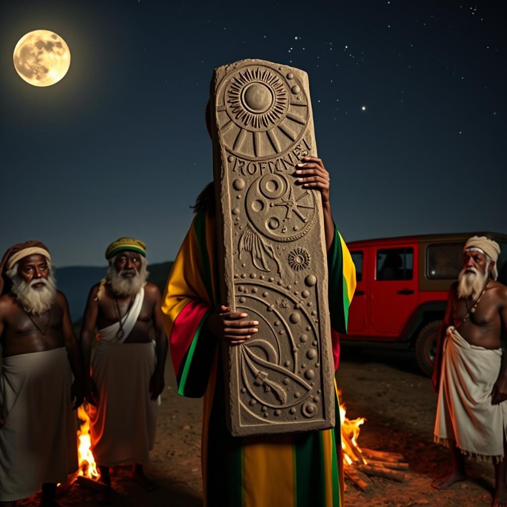 A 38-year-old black man is dressed in a vibrant rastafarian colored robe and a traditional rastafarian woollen cap