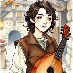 An illustration of a young female bard character in Dungeons & Dragons style, rendered in ink and watercolor