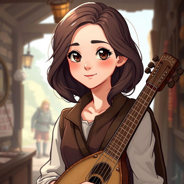 An illustration of a young female bard character in D&D style, around 20 years old with a petite build, approximately 1