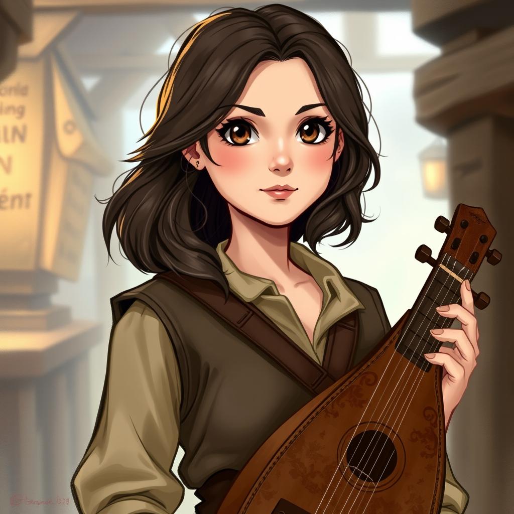 An illustration of a young female bard character in D&D style, around 20 years old with a petite build, approximately 1