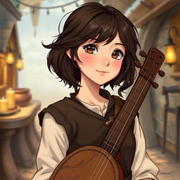 An illustration of a young female bard character in D&D style, around 20 years old with a petite build, approximately 1