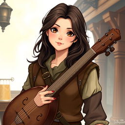 An illustration of a young female bard character in D&D style, around 20 years old with a petite build, approximately 1