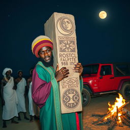 A 38-year-old black man dressed in a vibrant Rastafarian-colored robe and a woollen Rastafarian cap, carrying a tall monolith adorned with intricate carvings of the crescent moon and the sun disc on its forehead