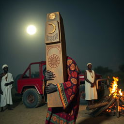 A 38-year-old black man dressed in a vibrant Rastafarian-colored robe and a woollen Rastafarian cap, carrying a tall monolith adorned with intricate carvings of the crescent moon and the sun disc on its forehead