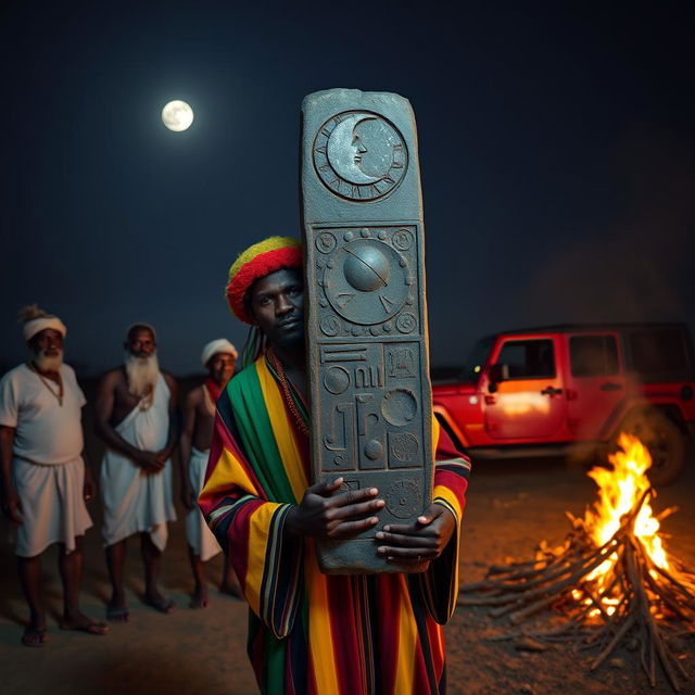 A 38-year-old black man dressed in a vibrant Rastafarian-colored robe and a woollen Rastafarian cap, carrying a tall monolith adorned with intricate carvings of the crescent moon and the sun disc on its forehead