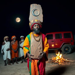 A 38-year-old black man dressed in a vibrant Rastafarian-colored robe and a woollen Rastafarian cap, carrying a tall monolith adorned with intricate carvings of the crescent moon and the sun disc on its forehead