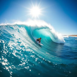 A dynamic and thrilling scene of a surfer effortlessly riding a massive, crashing wave, showcasing their skill and passion for action sports