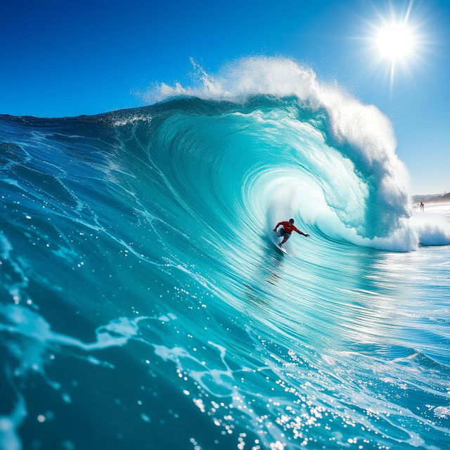 A dynamic and thrilling scene of a surfer effortlessly riding a massive, crashing wave, showcasing their skill and passion for action sports