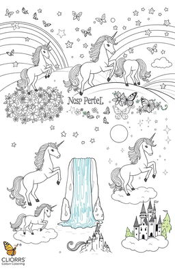 A collection of intricate and whimsical unicorn illustrations designed for coloring