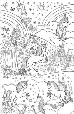 A collection of intricate and whimsical unicorn illustrations designed for coloring