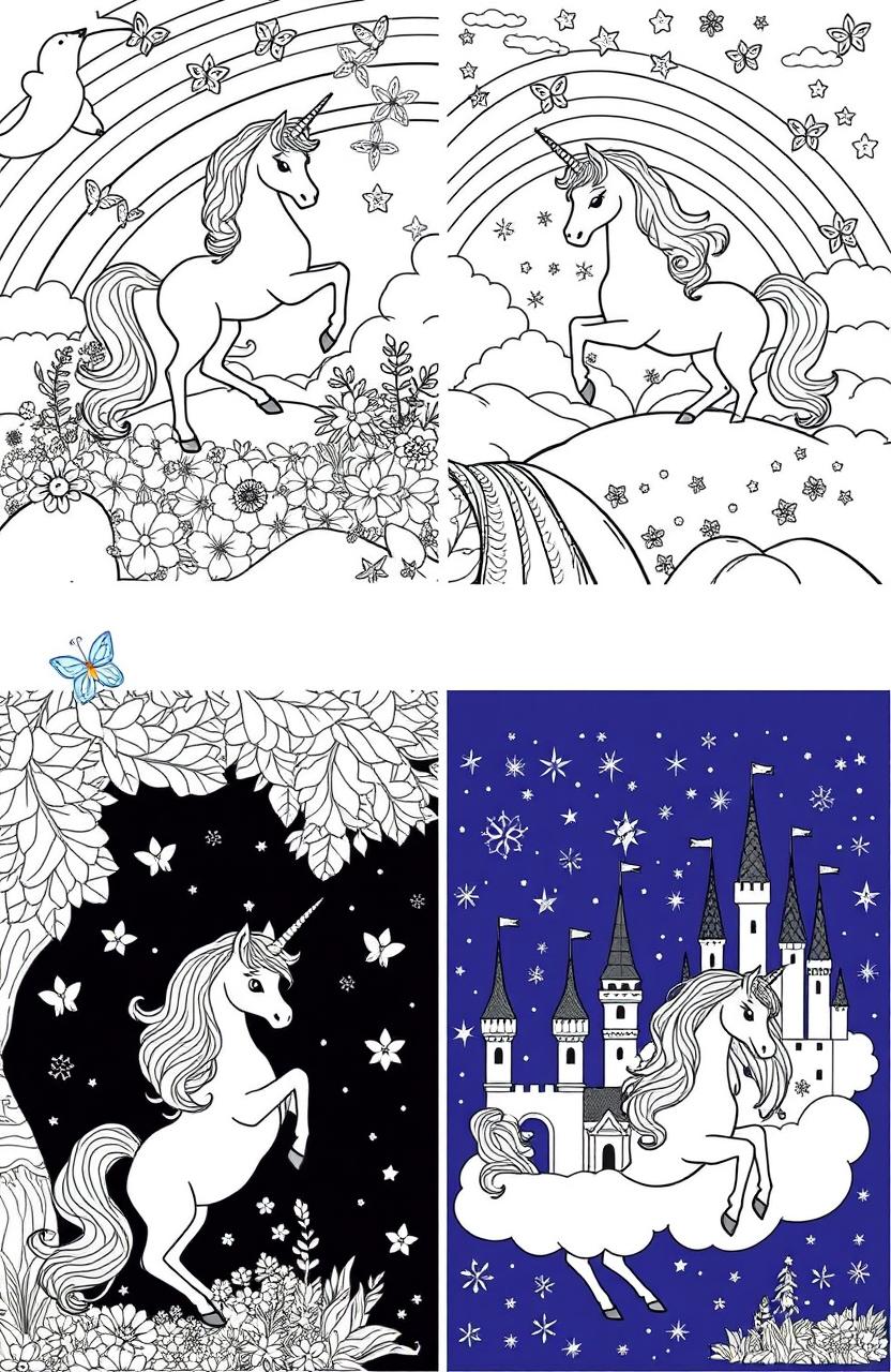 A collection of intricate and whimsical unicorn illustrations designed for coloring