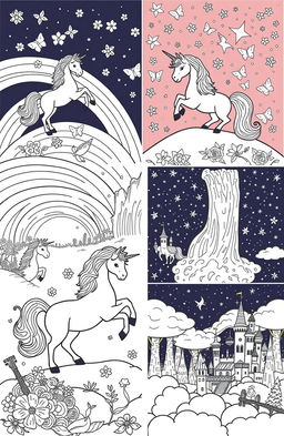 A collection of intricate and whimsical unicorn illustrations designed for coloring