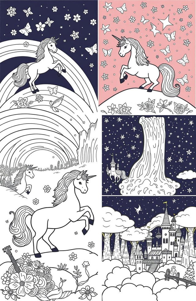 A collection of intricate and whimsical unicorn illustrations designed for coloring