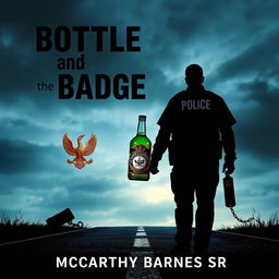 An evocative image featuring the silhouette of a police officer standing at a crossroads, holding a broken badge alongside a shattered liquor bottle