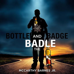 An evocative image featuring the silhouette of a police officer standing at a crossroads, holding a broken badge alongside a shattered liquor bottle