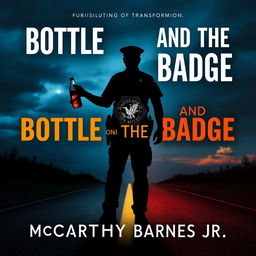 An evocative image featuring the silhouette of a police officer standing at a crossroads, holding a broken badge alongside a shattered liquor bottle